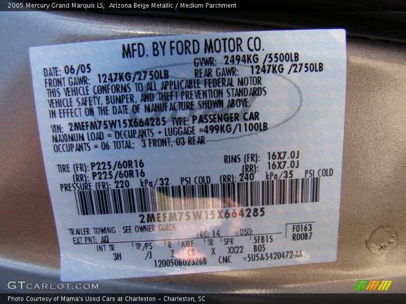 Arizona Beige Metallic / Medium Parchment 2005 Mercury Grand Marquis LS