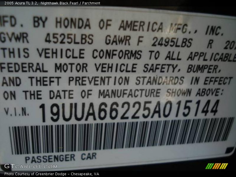 Nighthawk Black Pearl / Parchment 2005 Acura TL 3.2