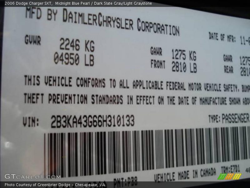 Midnight Blue Pearl / Dark Slate Gray/Light Graystone 2006 Dodge Charger SXT