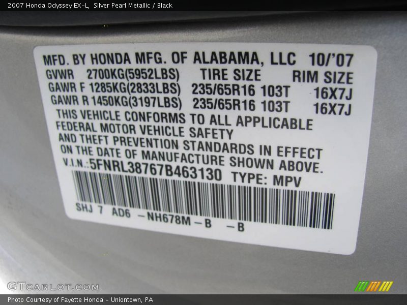 Silver Pearl Metallic / Black 2007 Honda Odyssey EX-L