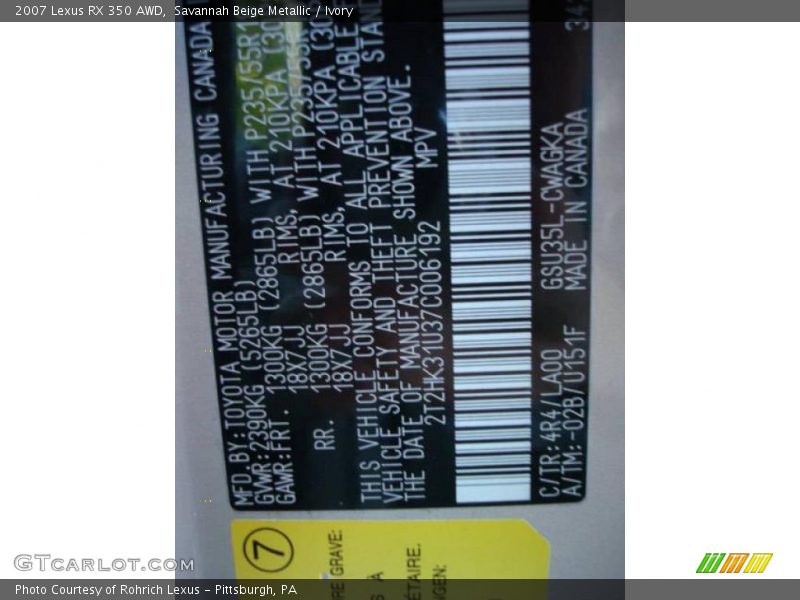 Savannah Beige Metallic / Ivory 2007 Lexus RX 350 AWD