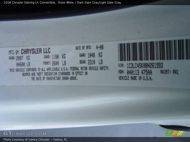 Stone White / Dark Slate Gray/Light Slate Gray 2008 Chrysler Sebring LX Convertible