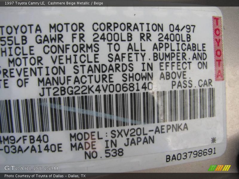 Cashmere Beige Metallic / Beige 1997 Toyota Camry LE