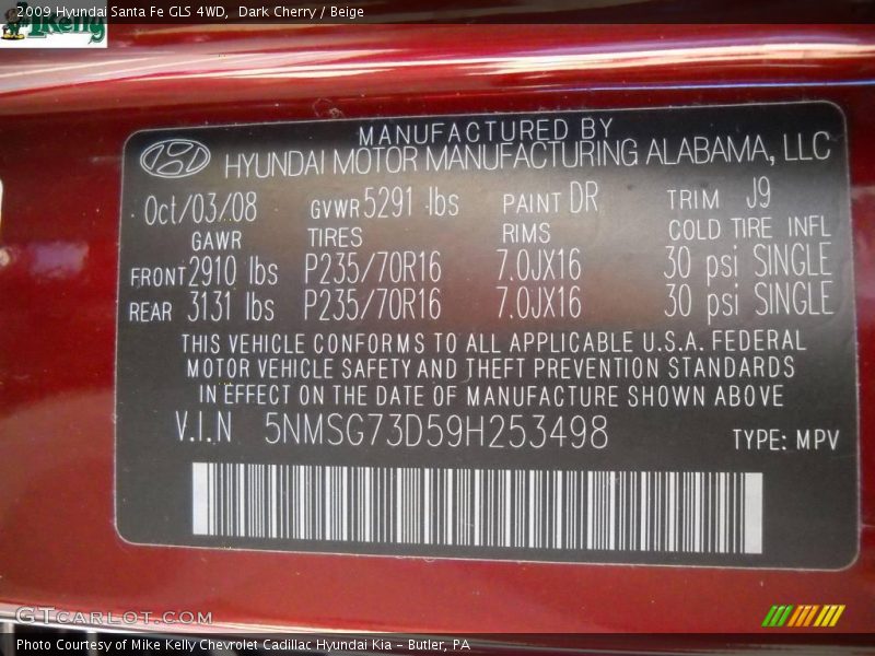 2009 Santa Fe GLS 4WD Dark Cherry Color Code DR