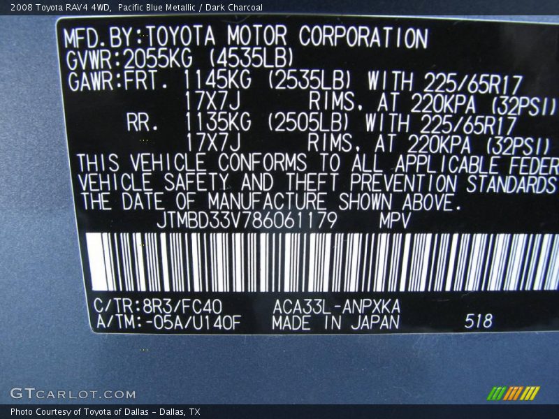 Pacific Blue Metallic / Dark Charcoal 2008 Toyota RAV4 4WD