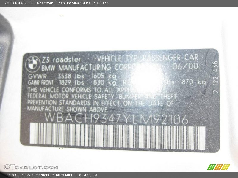 Titanium Silver Metallic / Black 2000 BMW Z3 2.3 Roadster