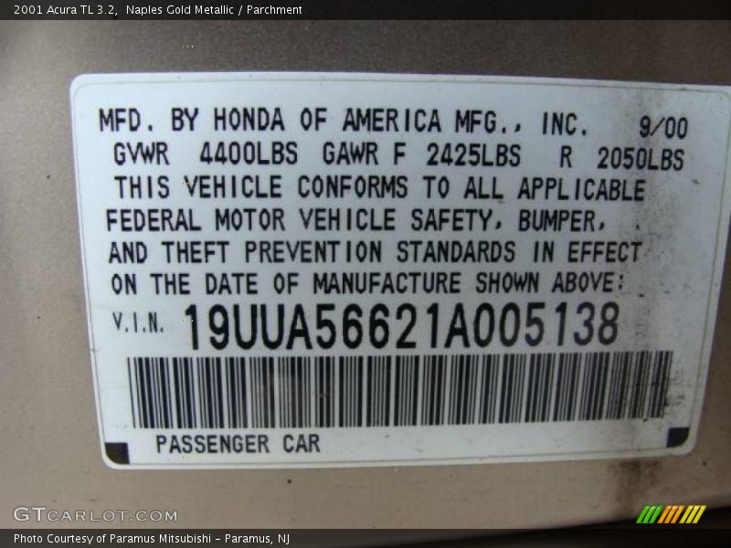 Naples Gold Metallic / Parchment 2001 Acura TL 3.2