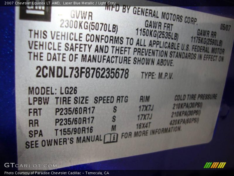 Laser Blue Metallic / Light Gray 2007 Chevrolet Equinox LT AWD