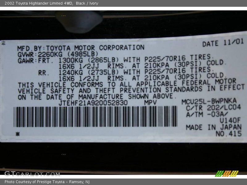 Black / Ivory 2002 Toyota Highlander Limited 4WD