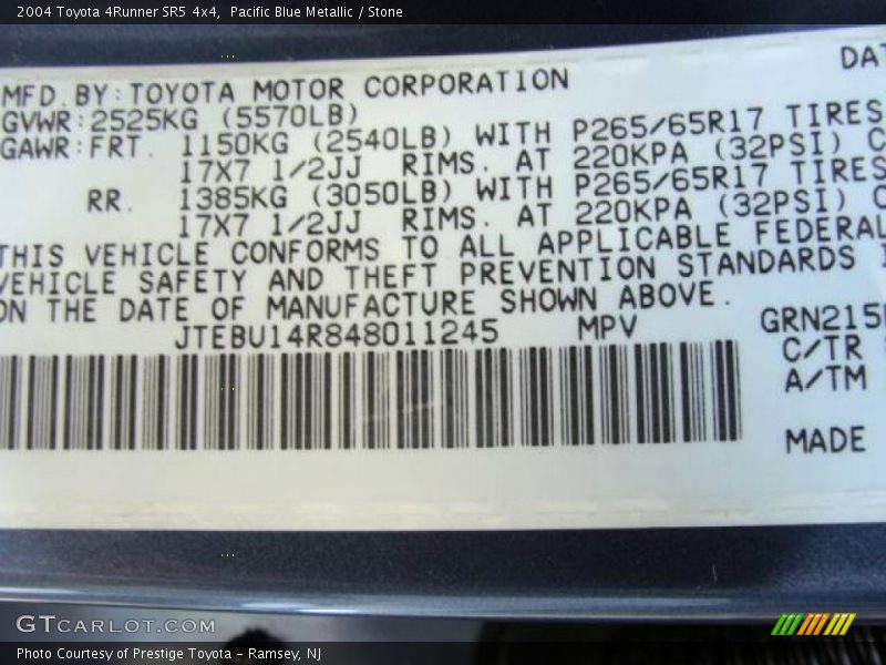 Pacific Blue Metallic / Stone 2004 Toyota 4Runner SR5 4x4