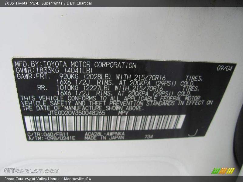 2005 RAV4  Super White Color Code 040