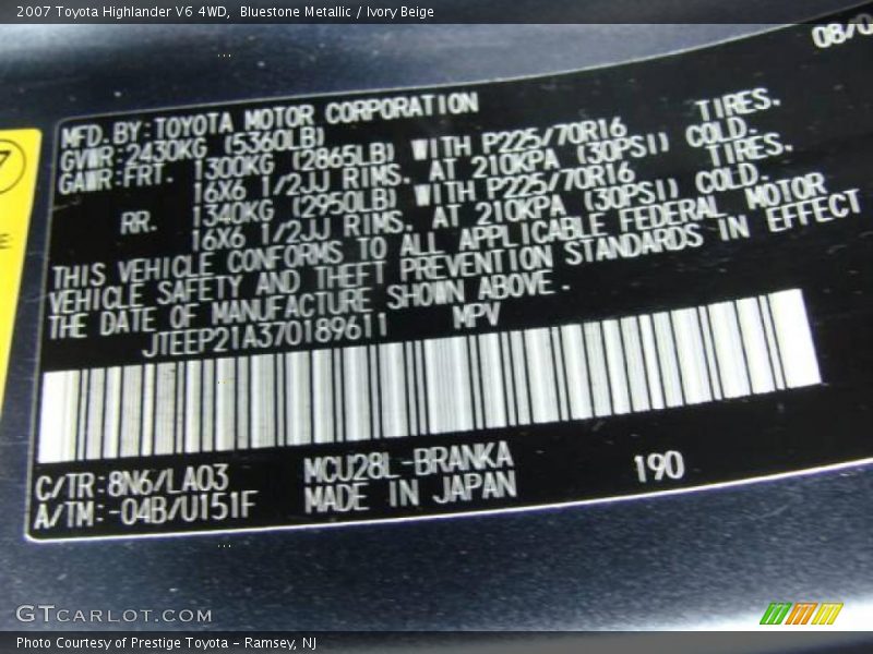 Bluestone Metallic / Ivory Beige 2007 Toyota Highlander V6 4WD