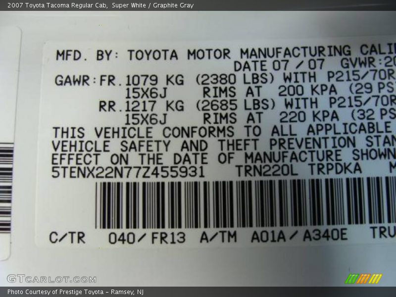 Super White / Graphite Gray 2007 Toyota Tacoma Regular Cab