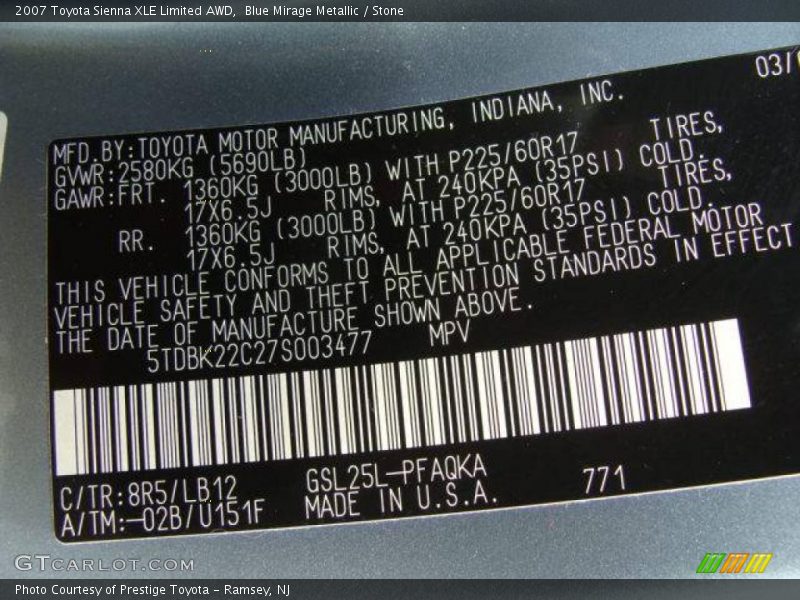 Blue Mirage Metallic / Stone 2007 Toyota Sienna XLE Limited AWD