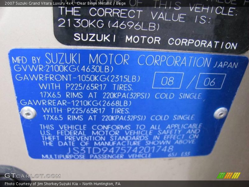 Clear Beige Metallic / Beige 2007 Suzuki Grand Vitara Luxury 4x4