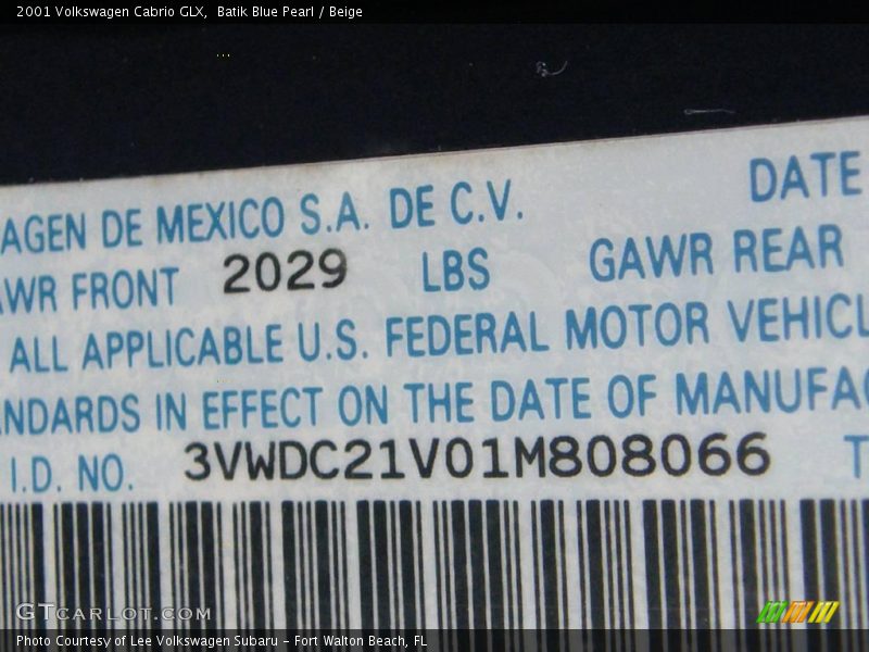 Batik Blue Pearl / Beige 2001 Volkswagen Cabrio GLX