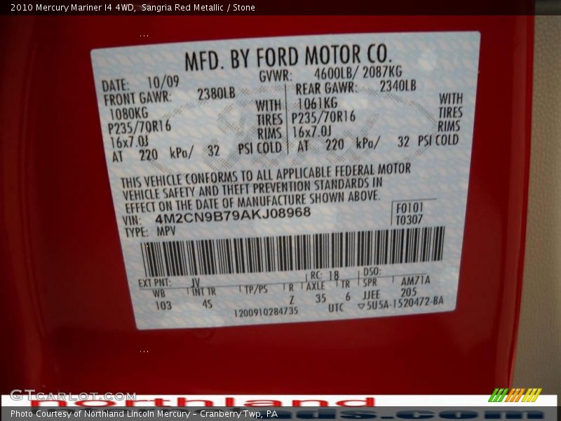Sangria Red Metallic / Stone 2010 Mercury Mariner I4 4WD