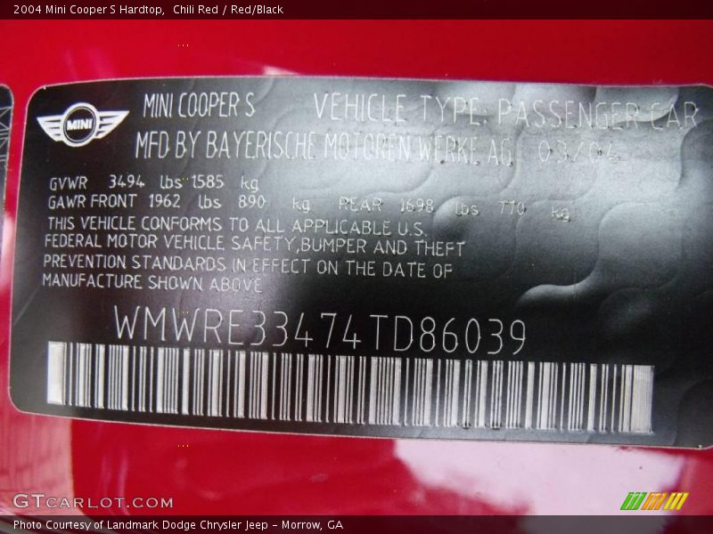 Chili Red / Red/Black 2004 Mini Cooper S Hardtop