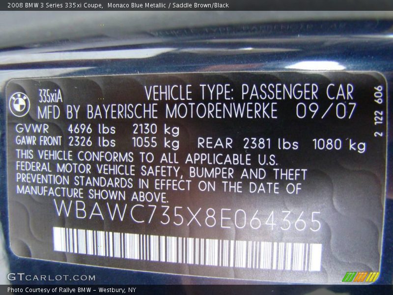 Monaco Blue Metallic / Saddle Brown/Black 2008 BMW 3 Series 335xi Coupe