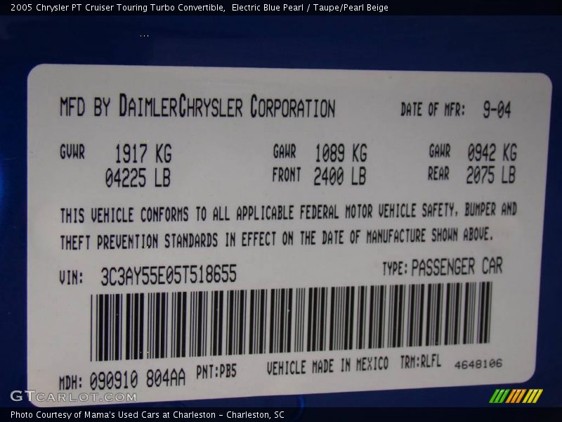 Electric Blue Pearl / Taupe/Pearl Beige 2005 Chrysler PT Cruiser Touring Turbo Convertible