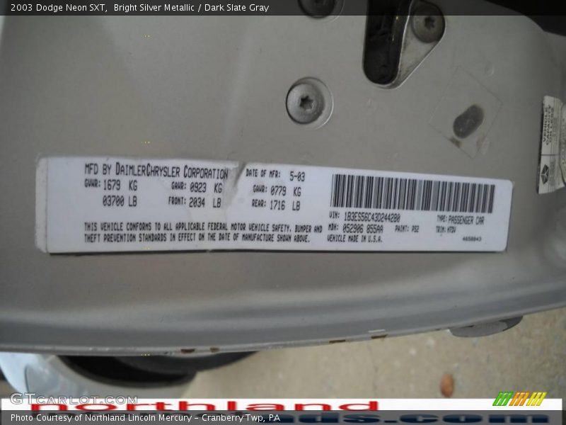 Bright Silver Metallic / Dark Slate Gray 2003 Dodge Neon SXT