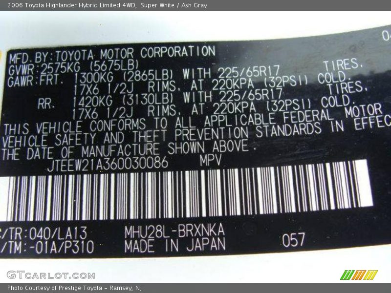 Super White / Ash Gray 2006 Toyota Highlander Hybrid Limited 4WD