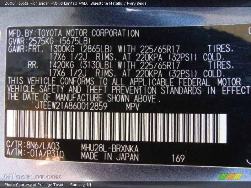 Bluestone Metallic / Ivory Beige 2006 Toyota Highlander Hybrid Limited 4WD