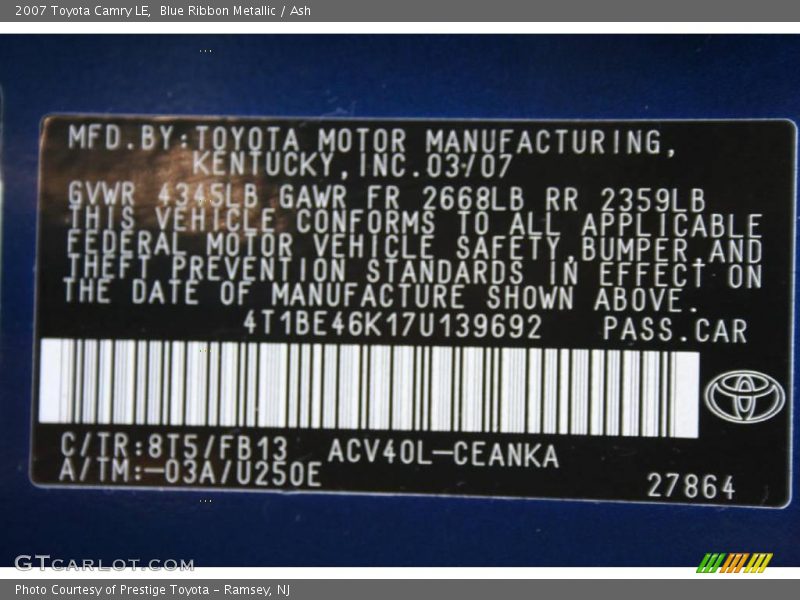 Blue Ribbon Metallic / Ash 2007 Toyota Camry LE