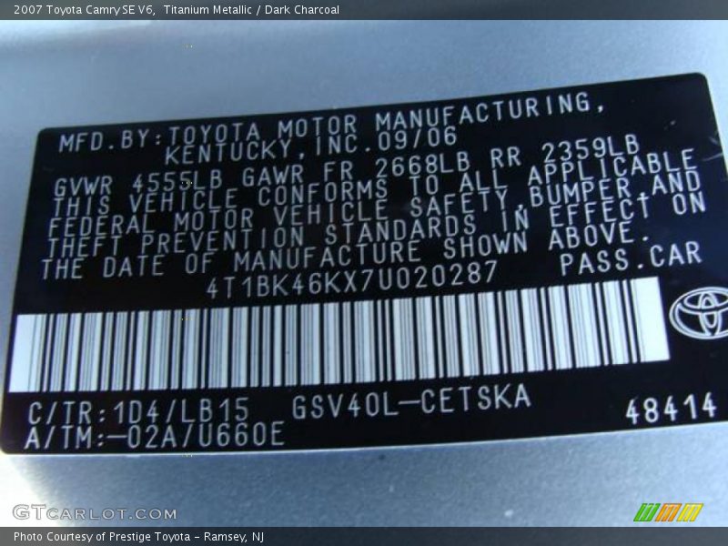 Titanium Metallic / Dark Charcoal 2007 Toyota Camry SE V6