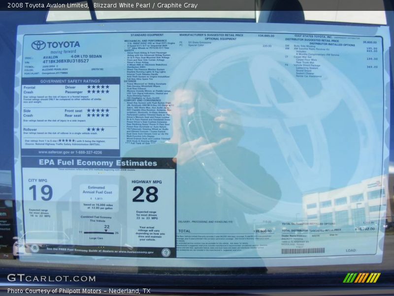 Blizzard White Pearl / Graphite Gray 2008 Toyota Avalon Limited