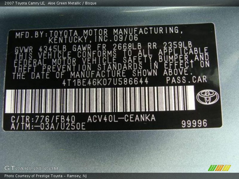 Aloe Green Metallic / Bisque 2007 Toyota Camry LE