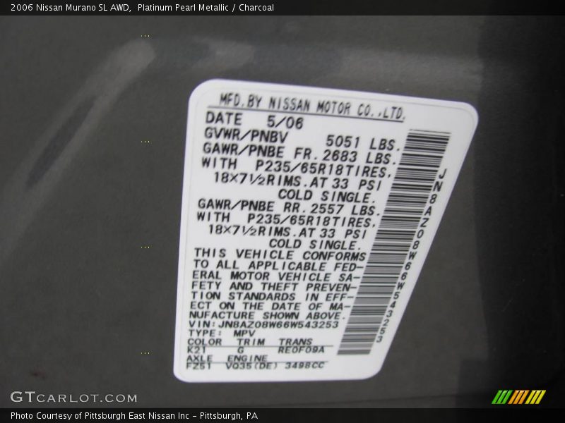 Platinum Pearl Metallic / Charcoal 2006 Nissan Murano SL AWD