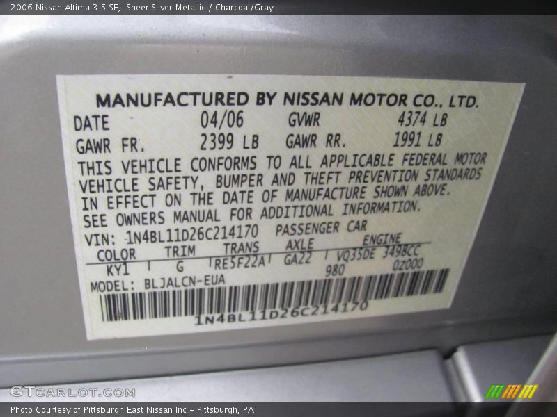 Sheer Silver Metallic / Charcoal/Gray 2006 Nissan Altima 3.5 SE