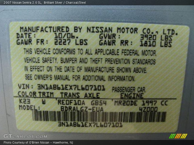 Brilliant Silver / Charcoal/Steel 2007 Nissan Sentra 2.0 SL