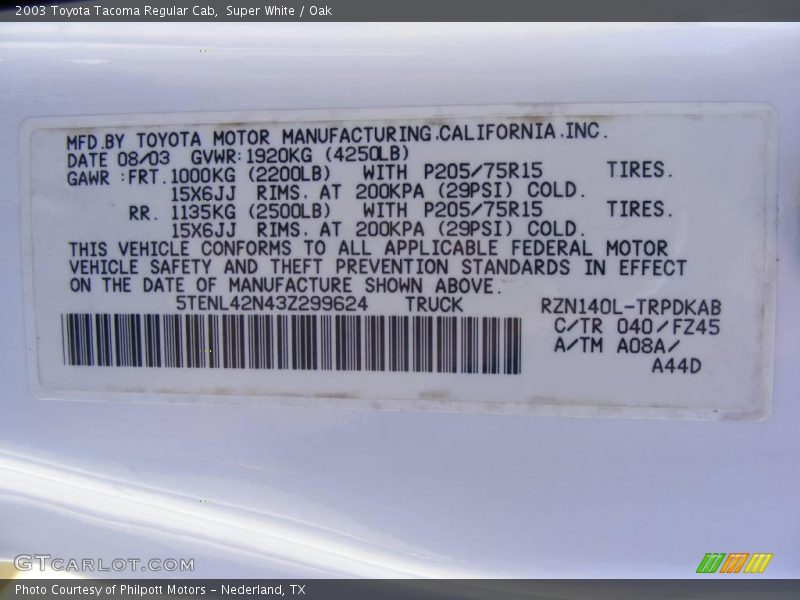 Super White / Oak 2003 Toyota Tacoma Regular Cab