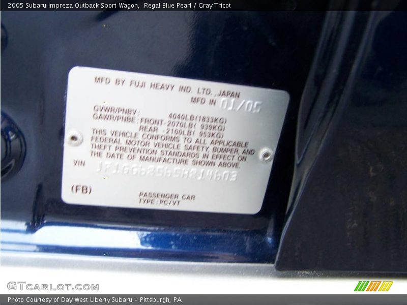 Regal Blue Pearl / Gray Tricot 2005 Subaru Impreza Outback Sport Wagon