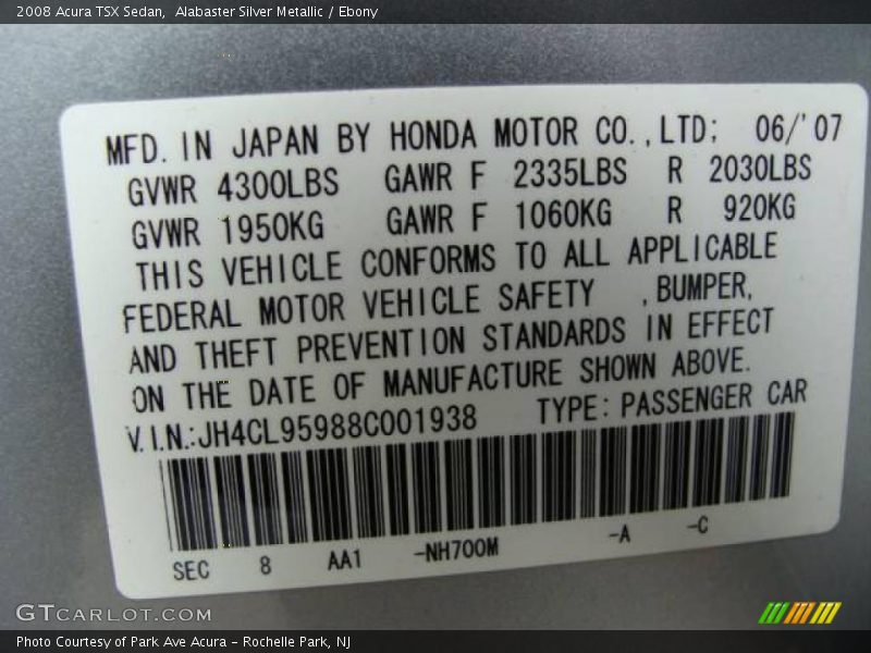Alabaster Silver Metallic / Ebony 2008 Acura TSX Sedan
