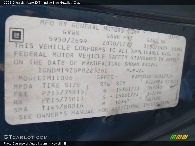 Indigo Blue Metallic / Gray 1993 Chevrolet Astro EXT