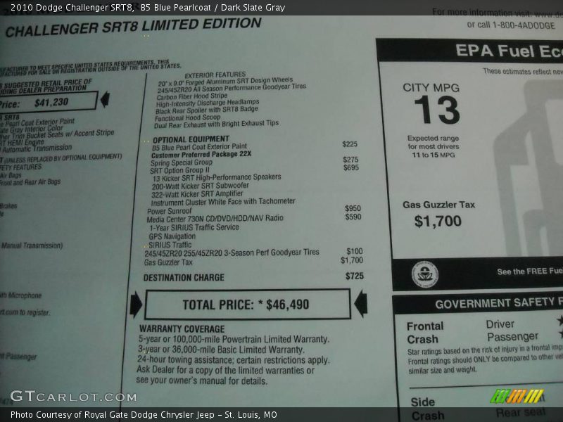 B5 Blue Pearlcoat / Dark Slate Gray 2010 Dodge Challenger SRT8