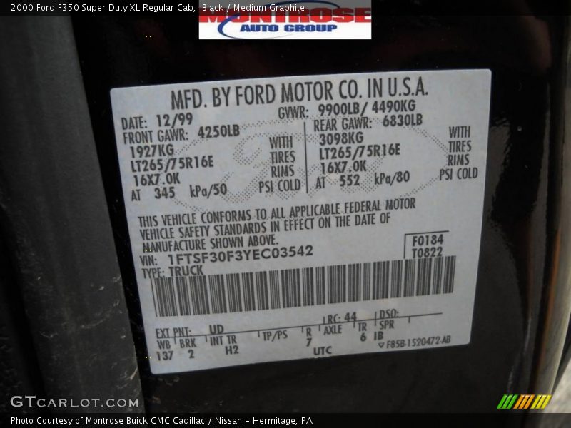 Black / Medium Graphite 2000 Ford F350 Super Duty XL Regular Cab