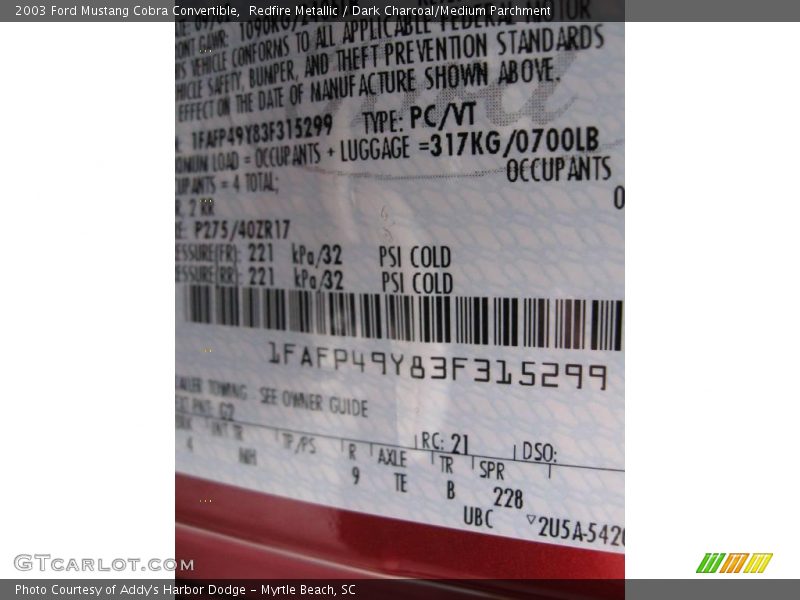 Redfire Metallic / Dark Charcoal/Medium Parchment 2003 Ford Mustang Cobra Convertible