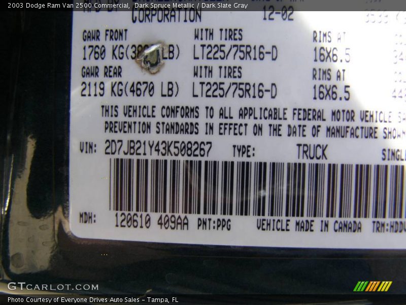 Dark Spruce Metallic / Dark Slate Gray 2003 Dodge Ram Van 2500 Commercial