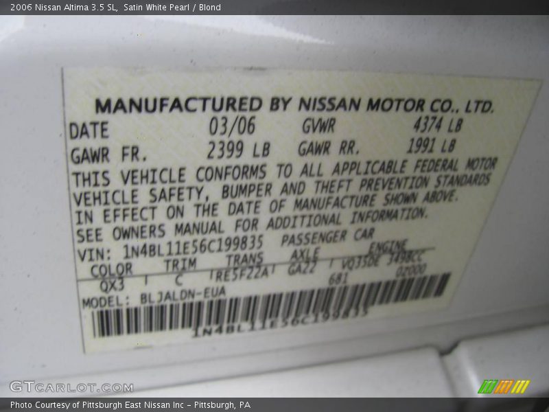 Satin White Pearl / Blond 2006 Nissan Altima 3.5 SL