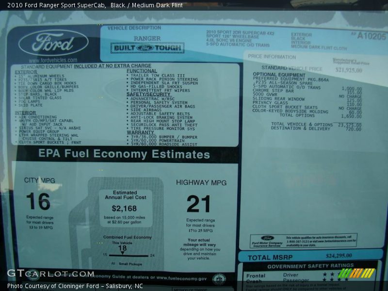 Black / Medium Dark Flint 2010 Ford Ranger Sport SuperCab