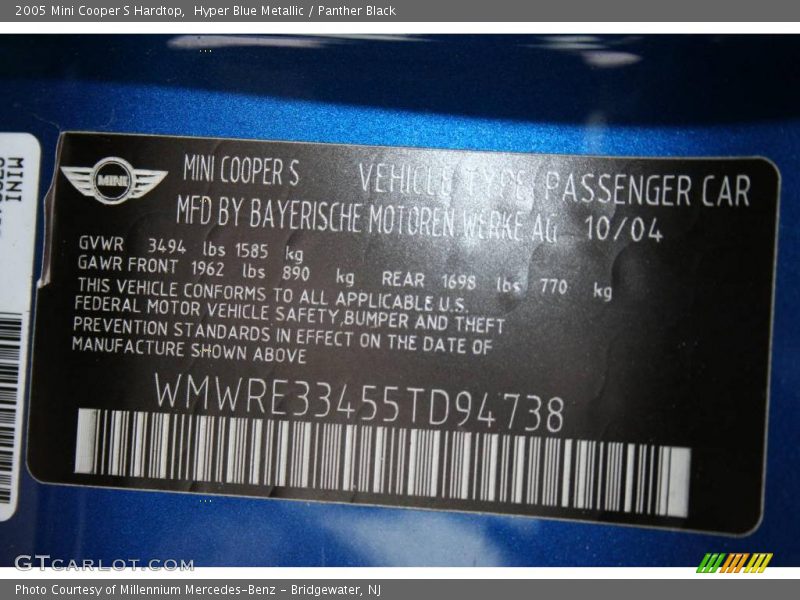 Hyper Blue Metallic / Panther Black 2005 Mini Cooper S Hardtop