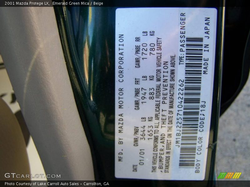 Emerald Green Mica / Beige 2001 Mazda Protege LX