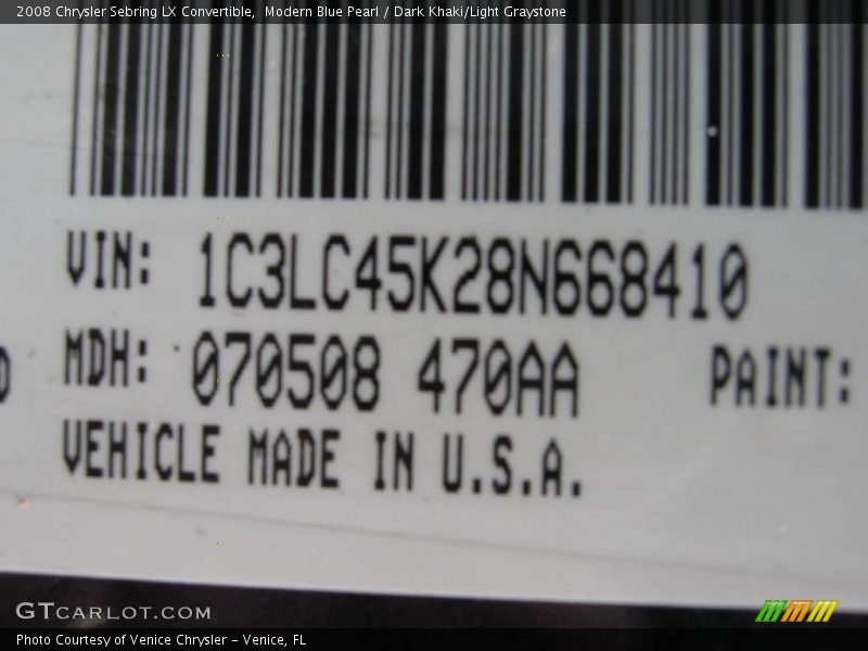 Modern Blue Pearl / Dark Khaki/Light Graystone 2008 Chrysler Sebring LX Convertible