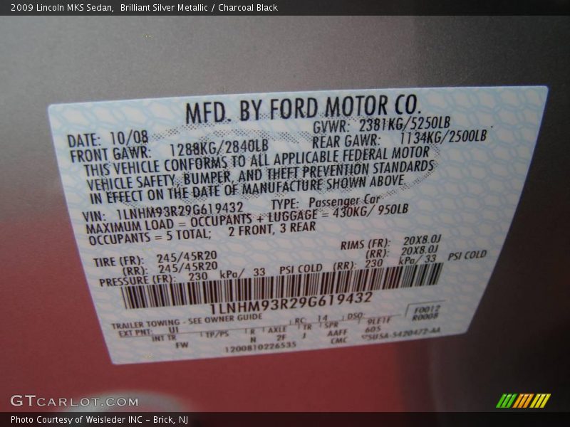 Brilliant Silver Metallic / Charcoal Black 2009 Lincoln MKS Sedan