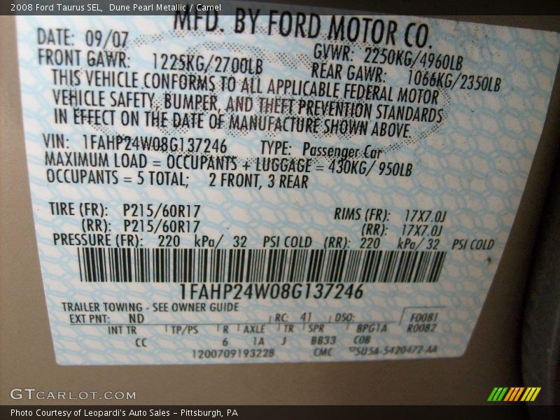 Dune Pearl Metallic / Camel 2008 Ford Taurus SEL