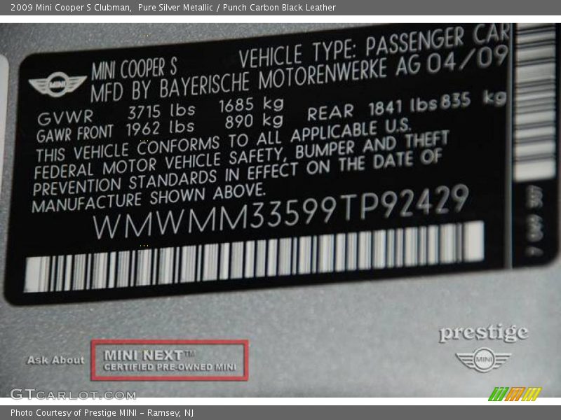 Pure Silver Metallic / Punch Carbon Black Leather 2009 Mini Cooper S Clubman
